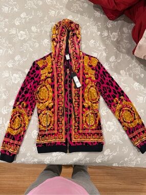 Versace Collection Pink & Gold Baroque Leopard-Print Hoodie